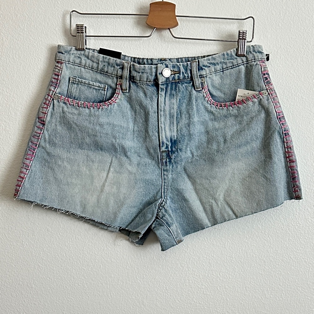 Blank NYC Blue Pink High-Rise Side Crochet Stitch Cotton Jean Shorts Size 30